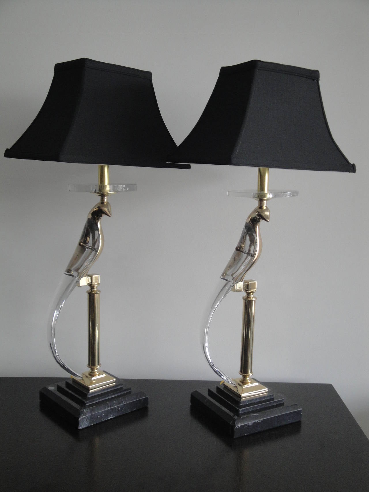 Pair of Brass and Crystal Bird Lamps in the Style of Curtis Jere at 1stDibs