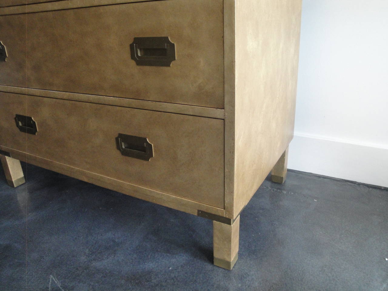 Campaign Style Gold Leafed Chest of Drawers by Baker In Excellent Condition For Sale In North Hollywood, CA