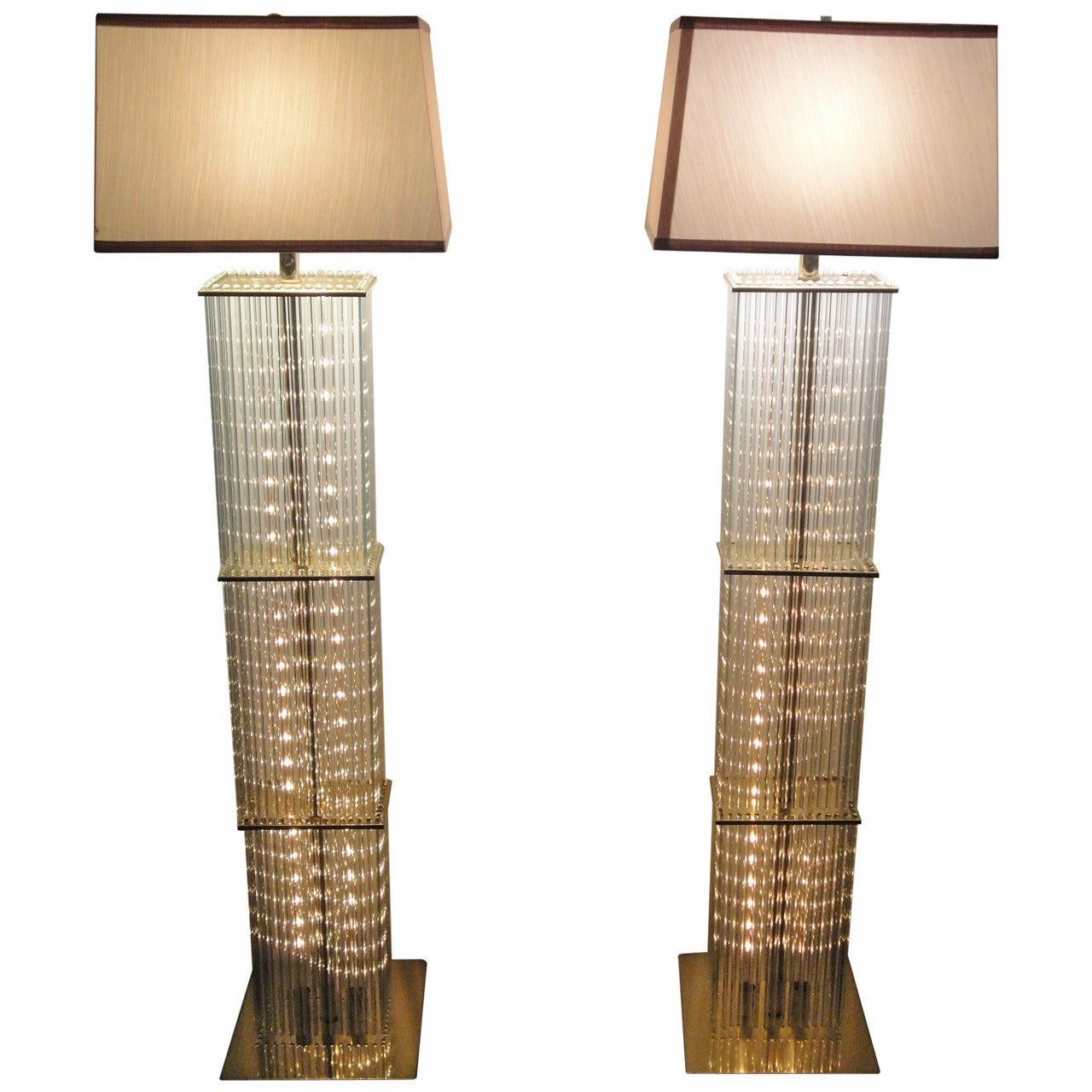 Pair of Sciolari Brass and Glass Floor Lamps for Lightolier For Sale