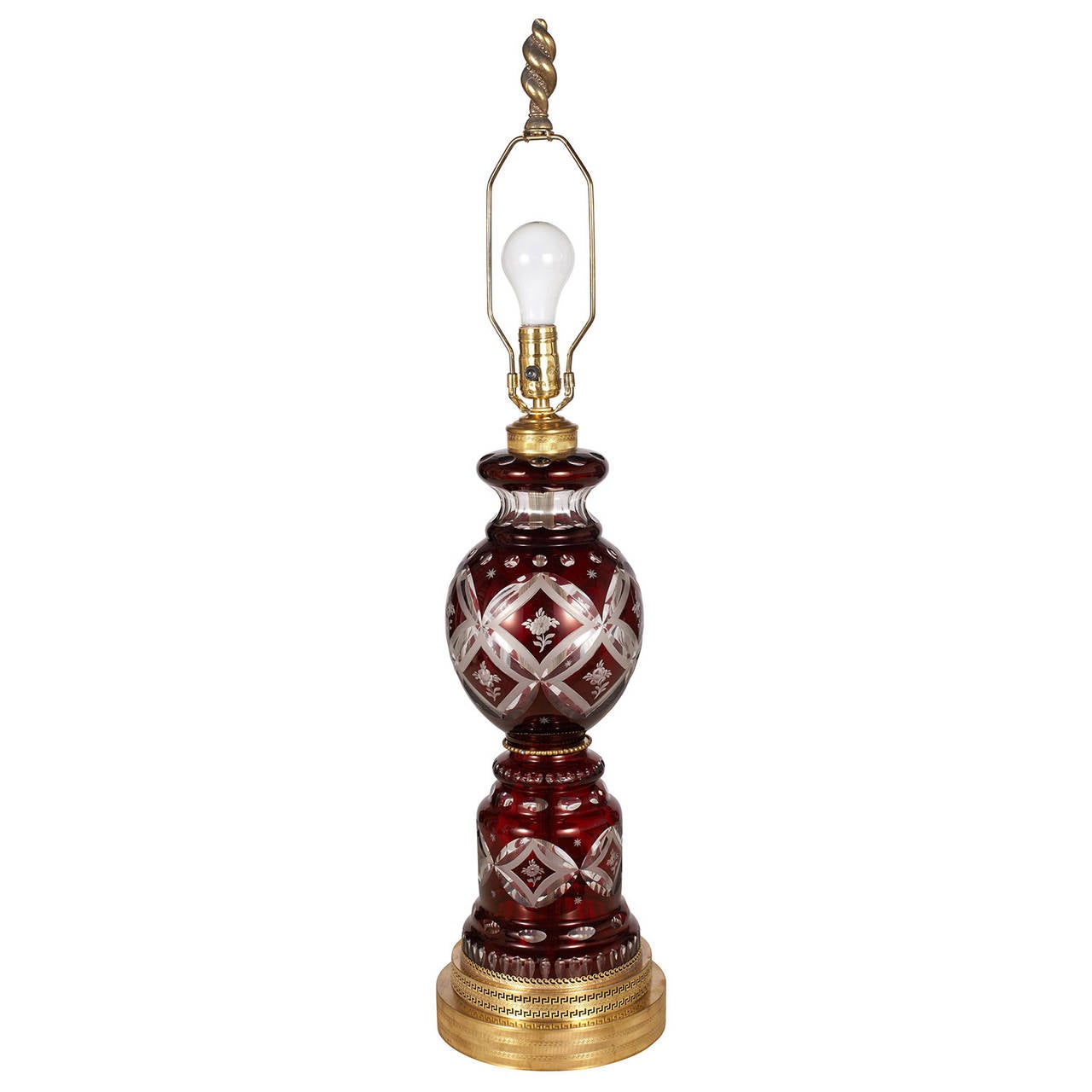 Large Pair of 19th Century Bohemian Cranberry Cut Glass Lamps
