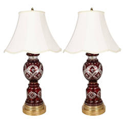 Large Pair of 19th Century Bohemian Cranberry Cut Glass Lamps