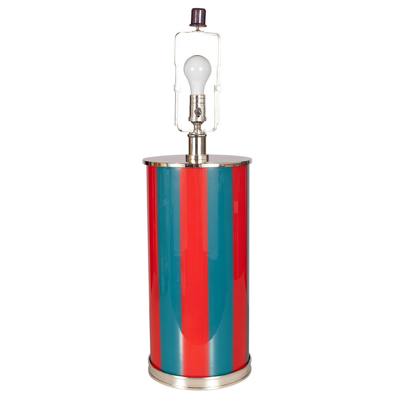 Pair of teal and red reverse painted glass lamps. Created custom for Anthony Baratta from a pair of Polo Ralph Lauren Clear lamps.