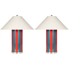 Pair of Vertical Striped Reverse Painted Glass Table Lamps