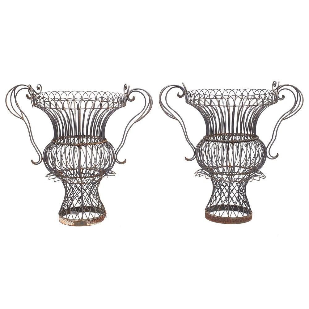 Pair of Metal Wire Frame Garden Vases