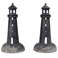 Pair of Cast Iron Lighthouse Form Andirons