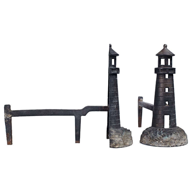 American Pair of Cast Iron Lighthouse Form Andirons