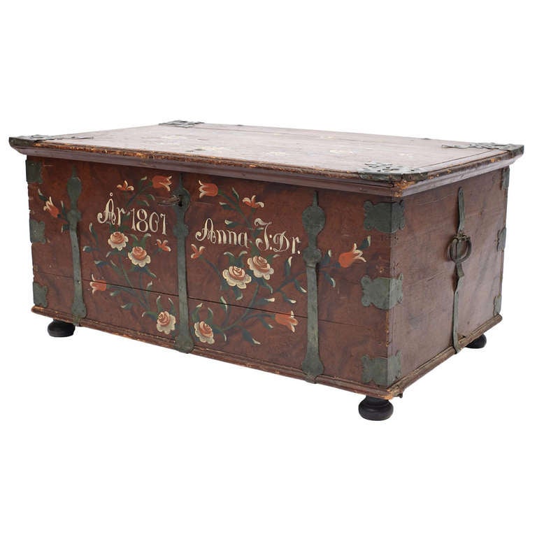 Pine Blanket Chest with Original Painting and Hardware