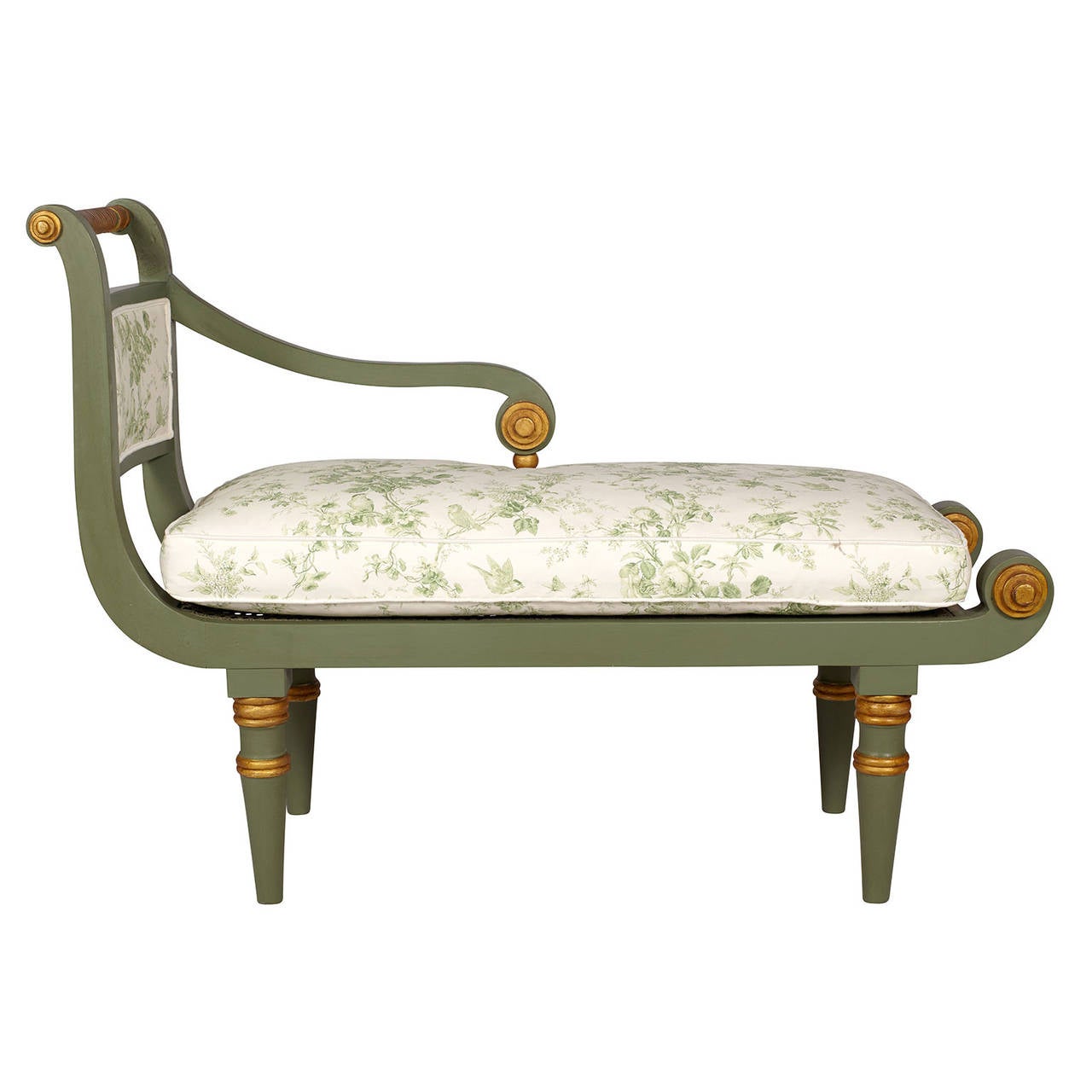 A lovely English Regency scroll end bench or settee in a unique green and antiqued gold detail. Newly upholstered removable cushion.