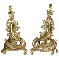 Pair of Polished Brass Rococo Style French Andirons