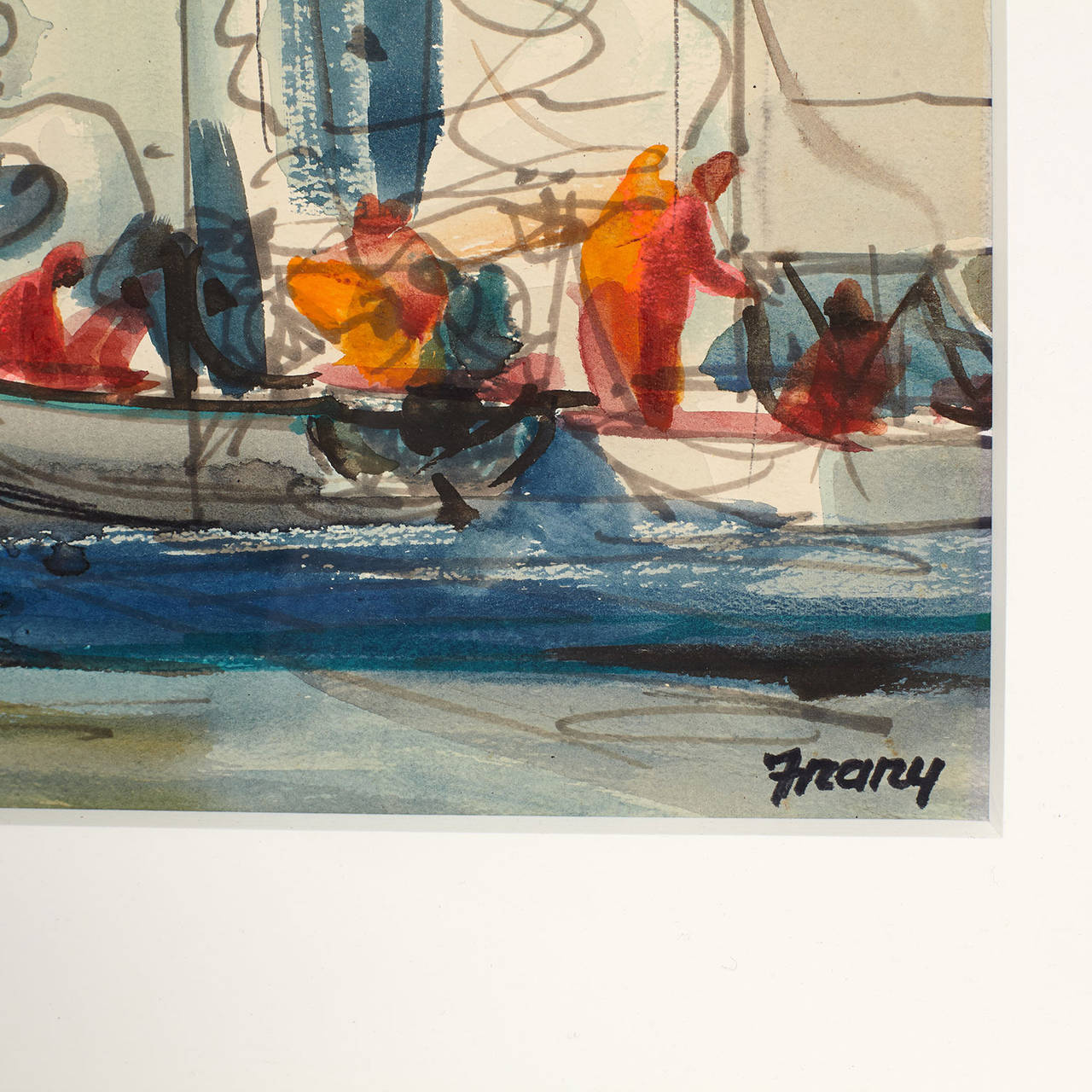 Nautical watercolor of yacht races at sea by Michael Frary.  Signed to lower right.  American, 2nd half of 20th century. Article included. Newly reframed.
