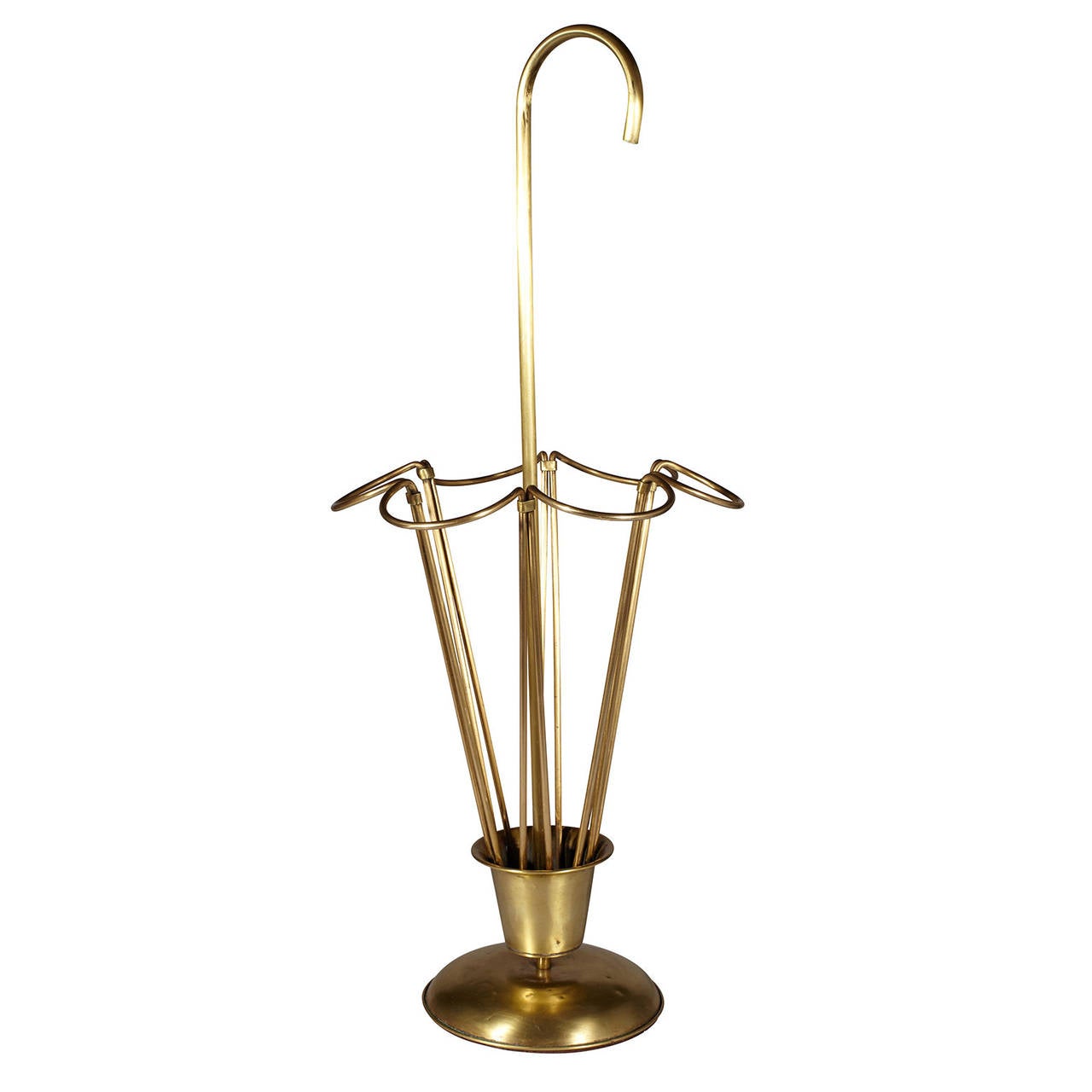 A beautiful antique brass umbrella stand in the form of an umbrella. Newly Polished.