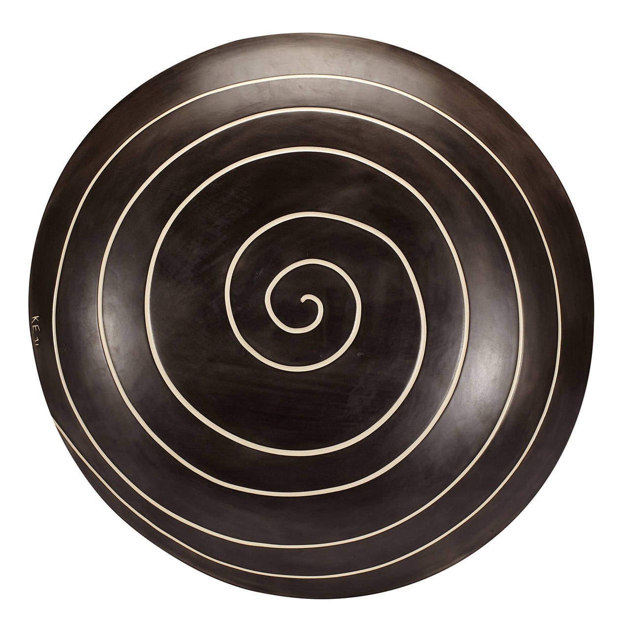 Ken Edwards Mexican pottery. A large charger with black and white spiral design. Signed KE to bottom and dated 1991.