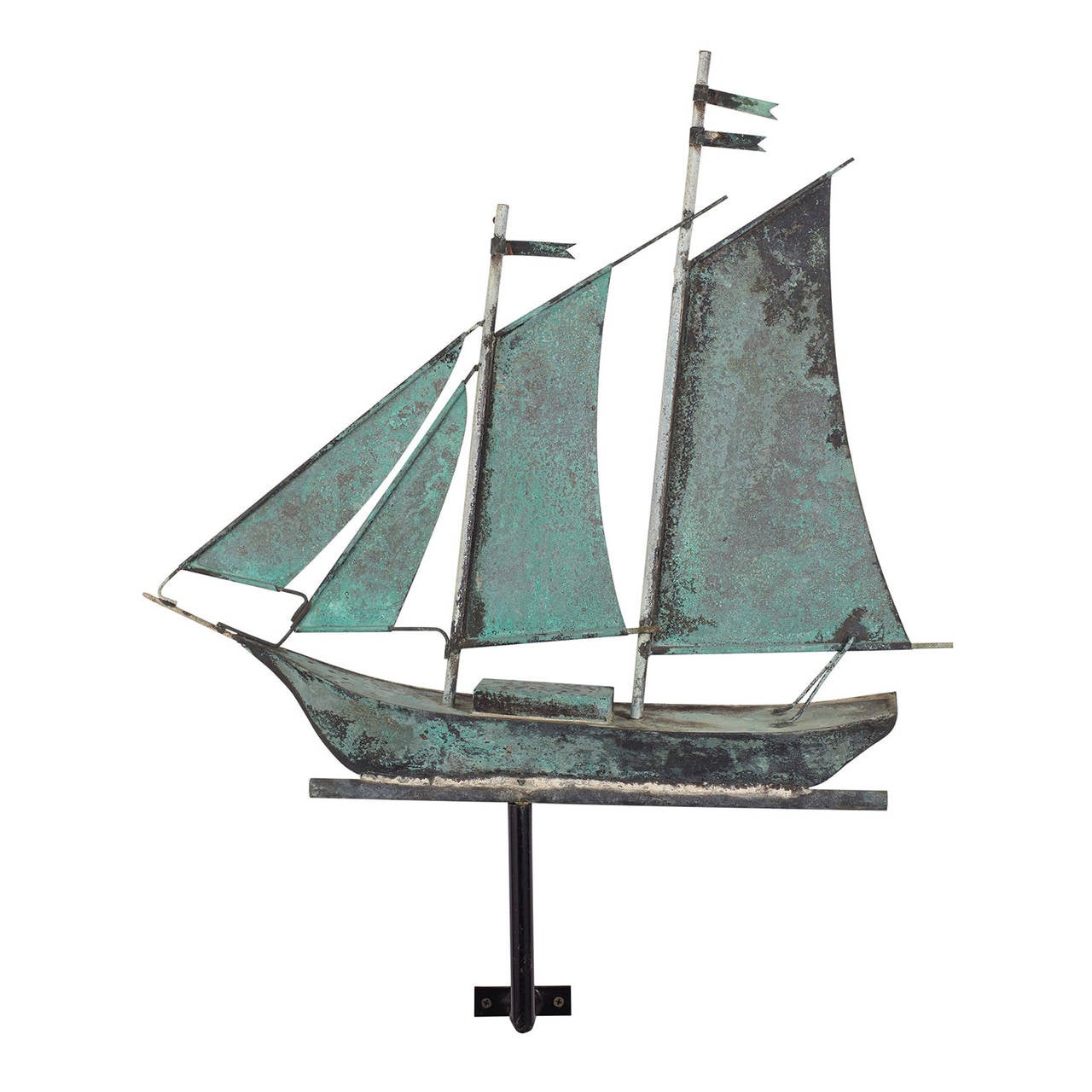 Vintage copper sailing ship weathervane with good verdigris surface in original condition. Includes wall fixture for mounting.
