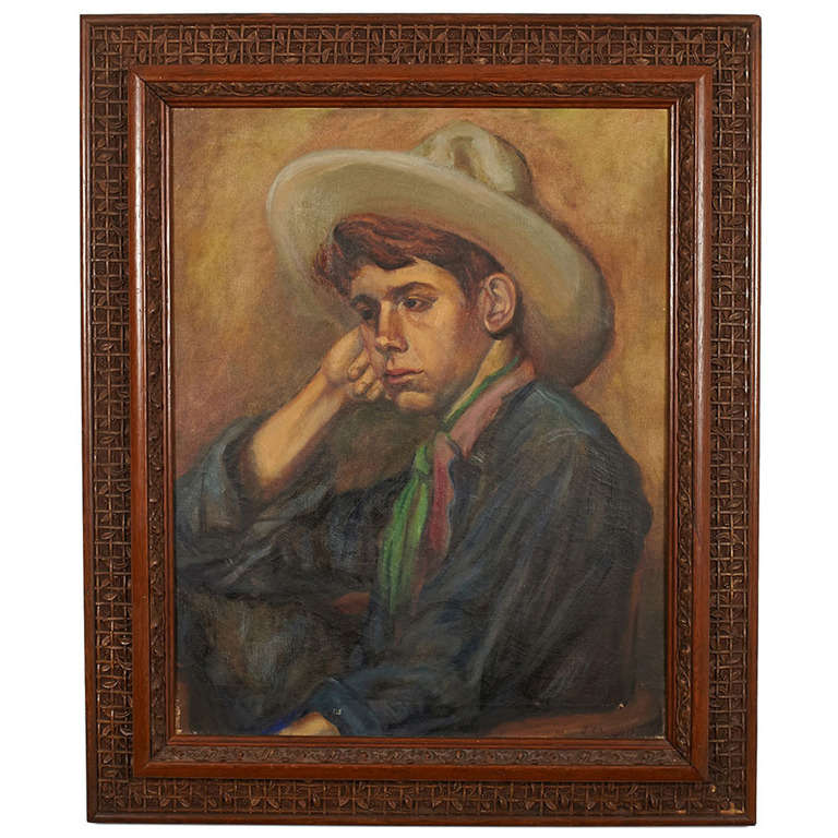 'Frowning Cowboy' Painting within Intricate Wood Frame
