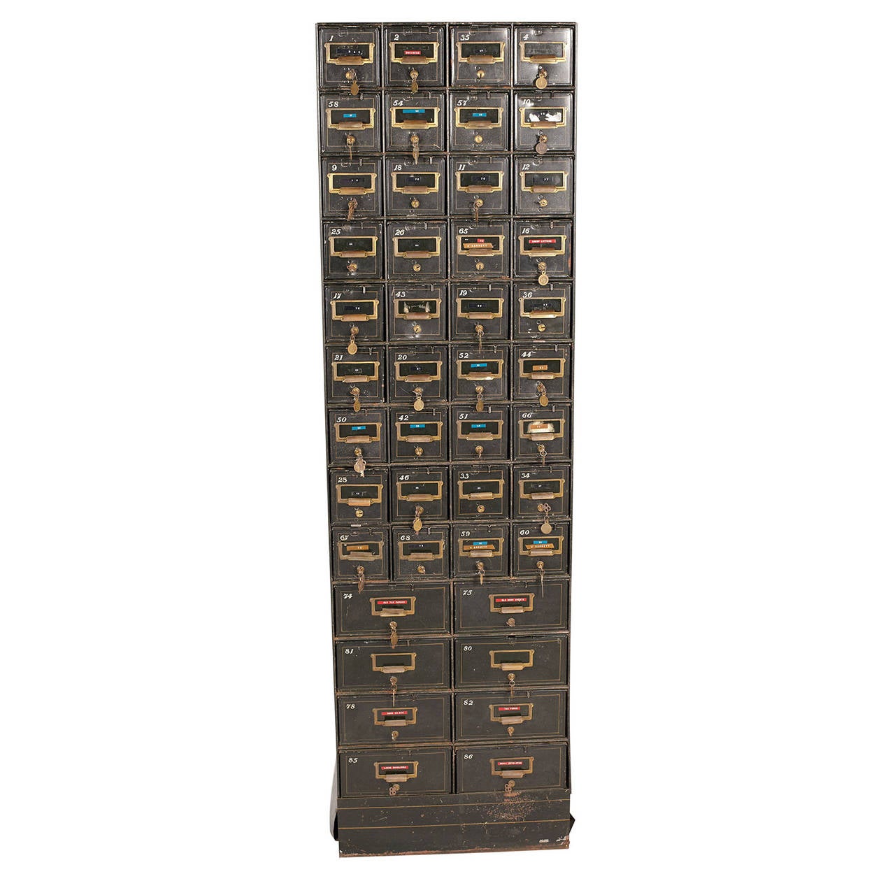 Vintage black metal standing safety deposit box section. Most drawers come with original keys. 
*some keys missing