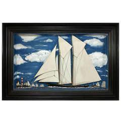 Antique Handcrafted Diorama of Two-Masted Schooner