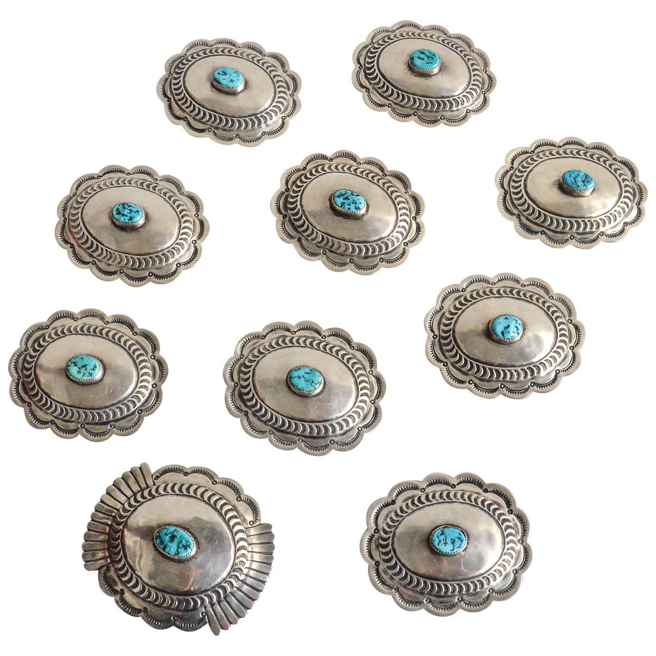 Ten-Piece Sterling Silver Set of Turquoise Concha Belt Components