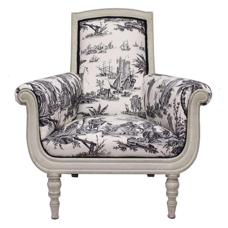 19th c. Gustavian Style Lounge Chair. Original painted finish reupholstered in a Bergere Toile.