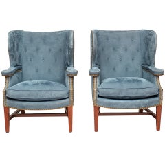 Pair of English Style Suede "Saddle Seat" Wing Chairs