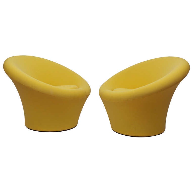 Pair of Mushroom Chairs designed by French designer, Pierre Paulin. Originally designed in 1959, and manufactured by Dutch company, Artifort. Original yellow stretch fabric over foam with steel frame. 
