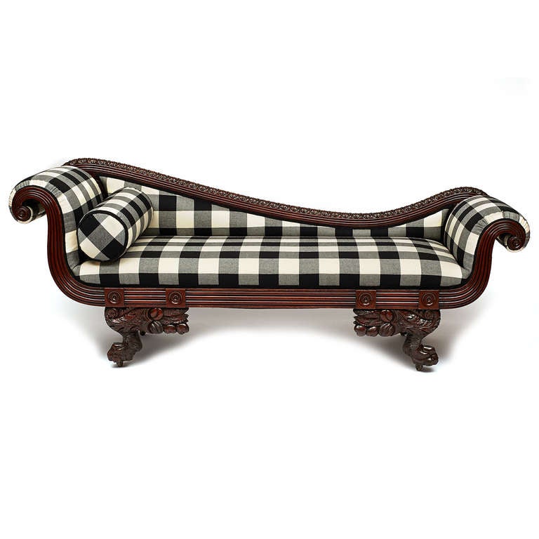 Mahogany frame Recamier/settee newly upholstered in a custom wool fabric by Anthony Baratta.

Crème de la crème of American Empire Style Furniture.

The most elaborate furniture in this style was made, circa 1815-1825, often incorporating