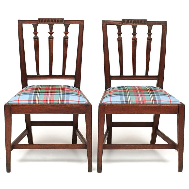 Pair of American walnut Federal side chairs. Newly upholstered slip seats in Lee Jofa- Diamond Baratta Tartan fabric.