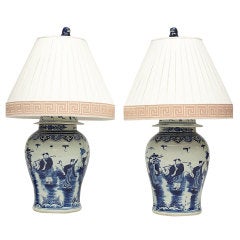 Pair of Chinese Blue and White Temple Jar Lamps