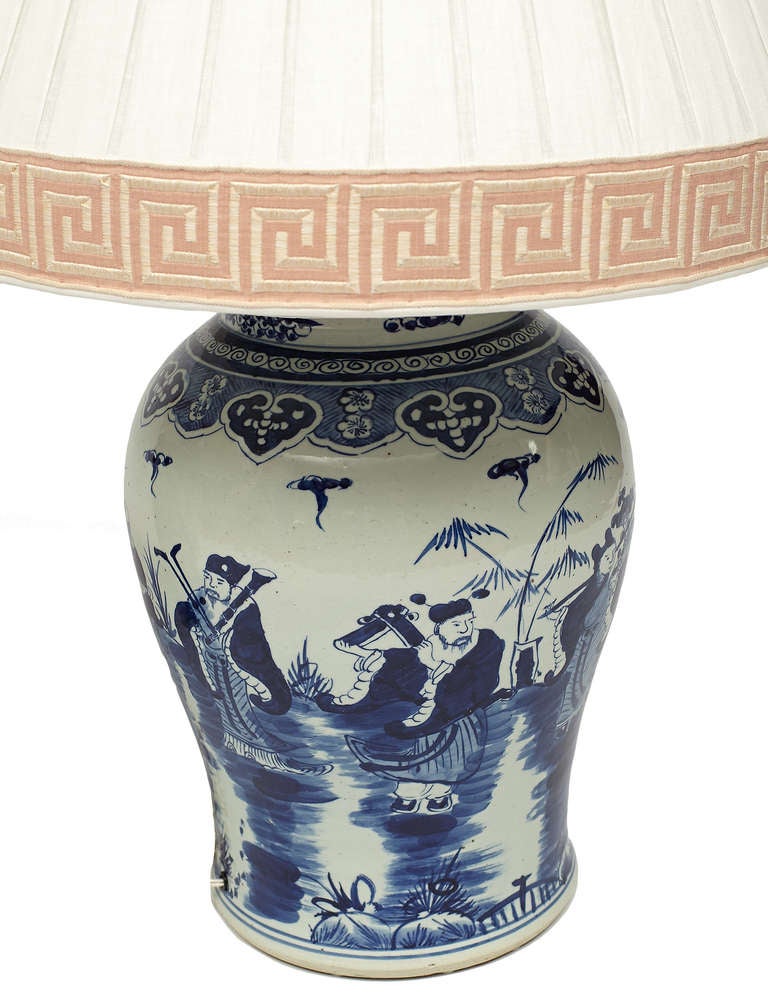 Pair of Chinese Blue and White Temple Jar Lamps 1