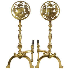 Pair of 20th Century Brass Clipper Ship Andirons