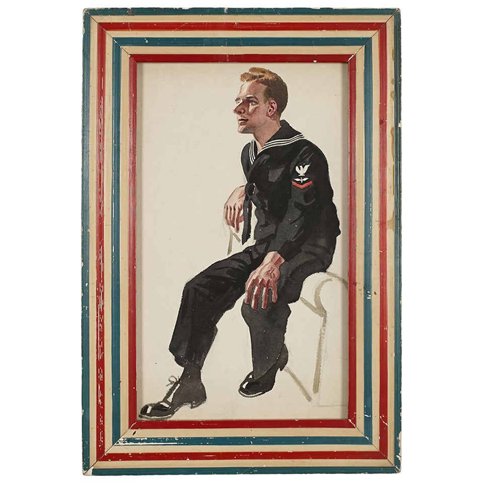 Vintage World War II Framed Sailor Illustration For Sale