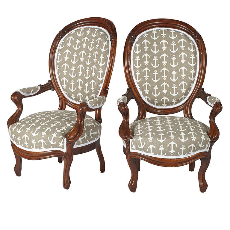 19th Century Pair of Victorian Oval-Back Mahogany Armchairs
