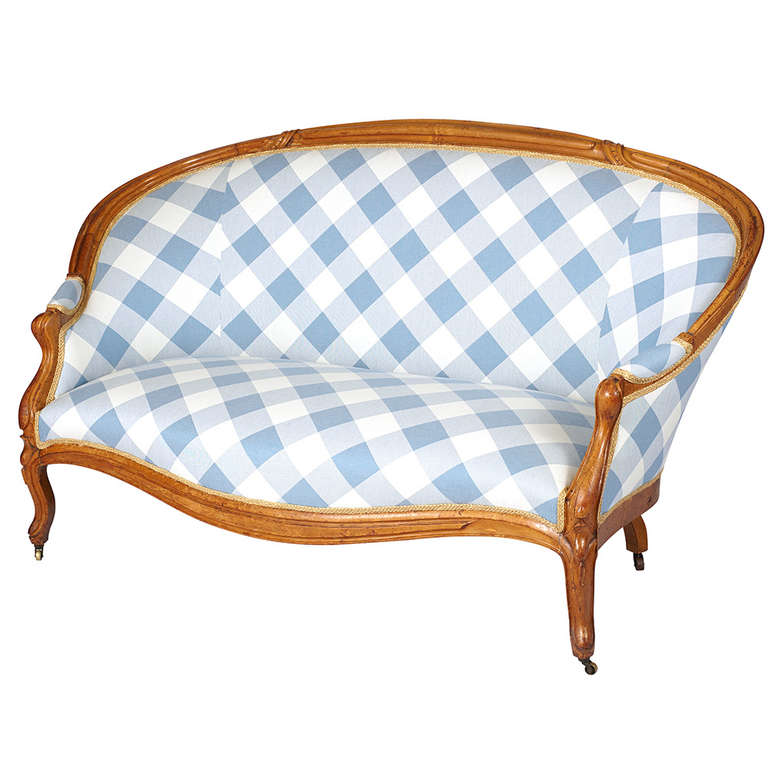 19th c. Victorian Settee w/ Matching High-Back Chair Newly Upholstered in Blue and White Diamond Gingham

Chair Dimensions: H-42.5