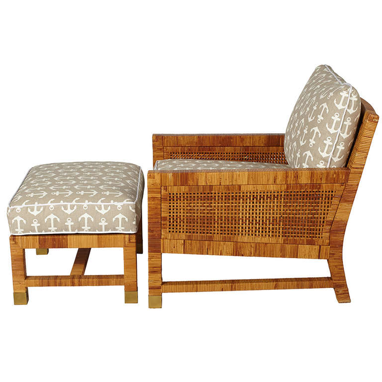 Vintage Bielecky Brothers Rattan Chair and Ottoman in Newly Upholstered Anthony Baratta Anchor Print