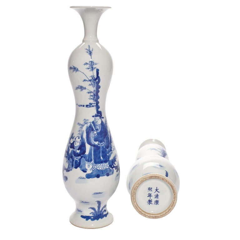 A Pair of Hand-Painted Chinese Qing Dynasty Blue and White Porcelain Bottles with Kang Xi Mark
