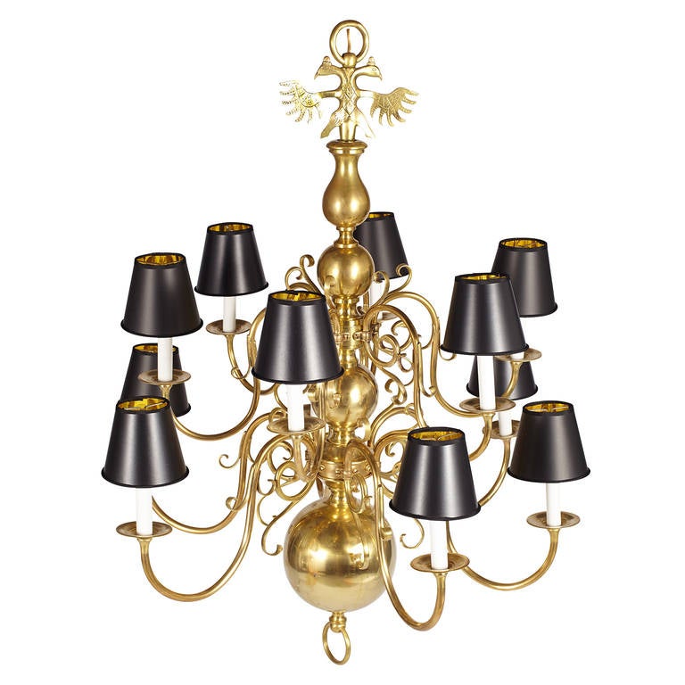 Large Dutch Twelve-branch brass chandelier.