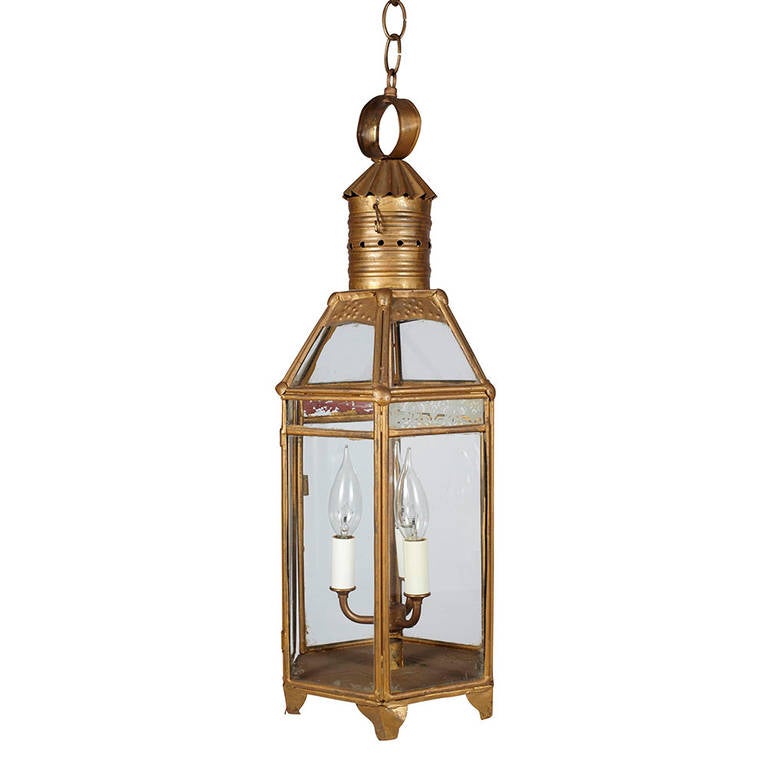 19th century continental hanging lantern. Etched and colored detailing on glass.