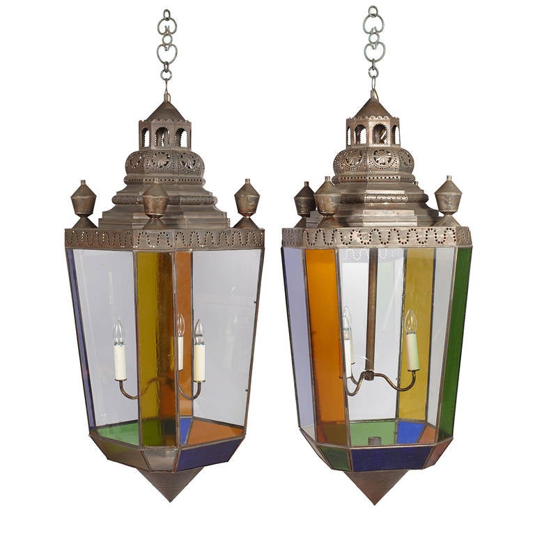 Oversized Hanging Lanterns with Multi-colored Stained Glass and Tin Fixtures