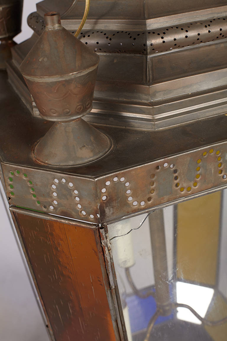 Pair of Late 19th Century Anglo-Indian, Tin and Stained Glass Hanging Lanterns In Good Condition In New York City, NY