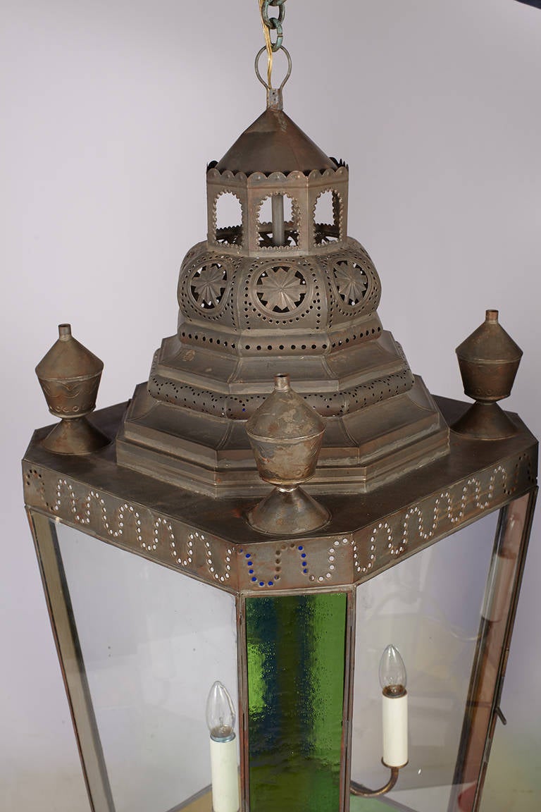 Pair of Late 19th Century Anglo-Indian, Tin and Stained Glass Hanging Lanterns 1