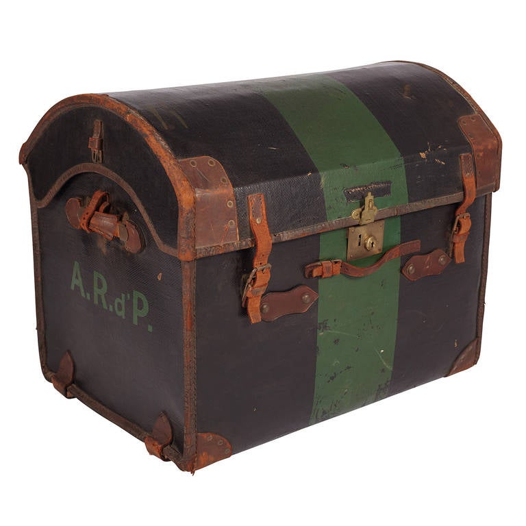 Green antique trunk with leather buckles and side handles.
Side initials "A.R.D.P." for A.R. dupont.