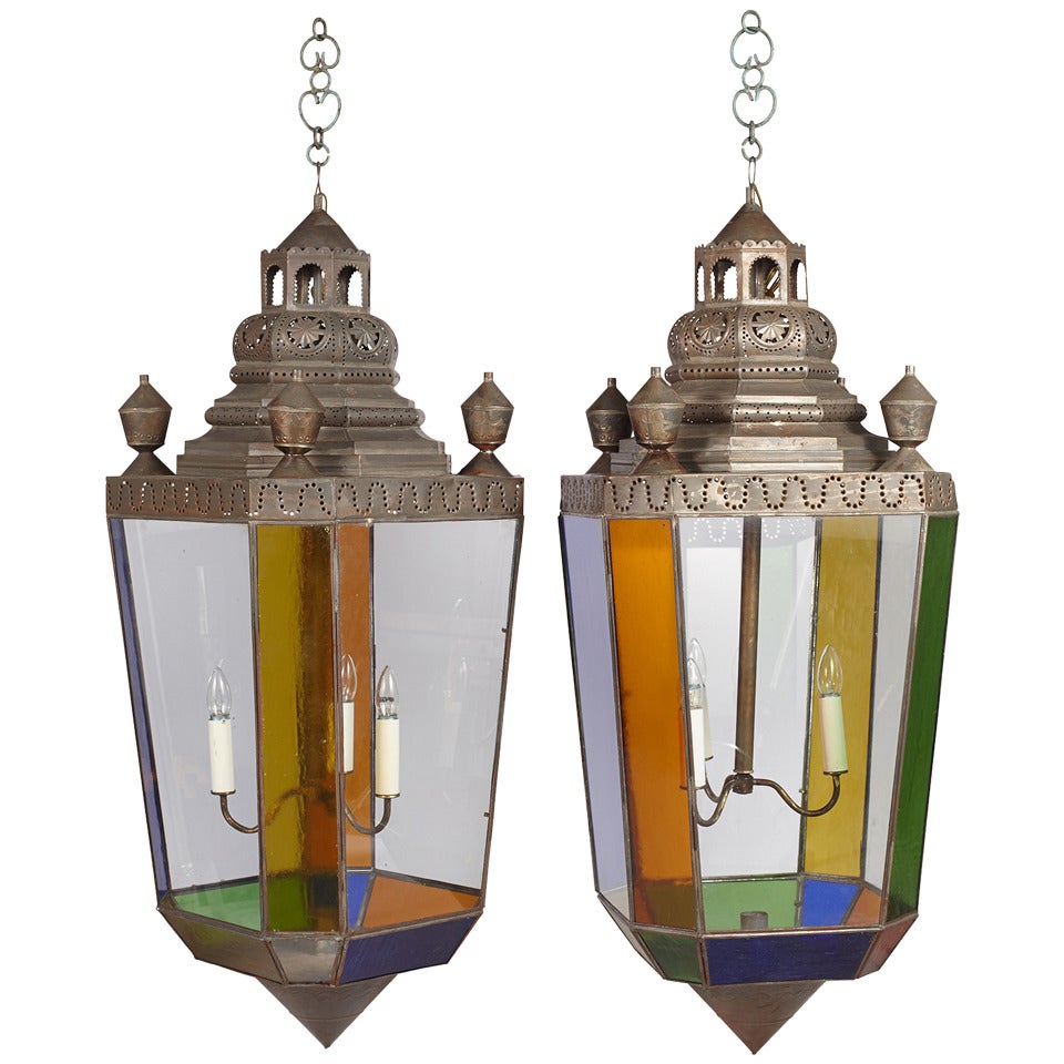 Pair of Late 19th Century Anglo-Indian, Tin and Stained Glass Hanging Lanterns