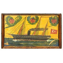 Turkish Folk Art Painting of Ship on Lid of Wooden Trunk