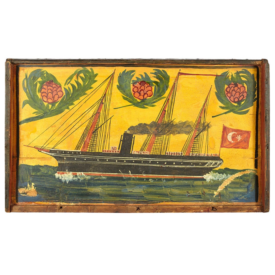 Turkish Folk Art Painting of Ship on Lid of Wooden Trunk