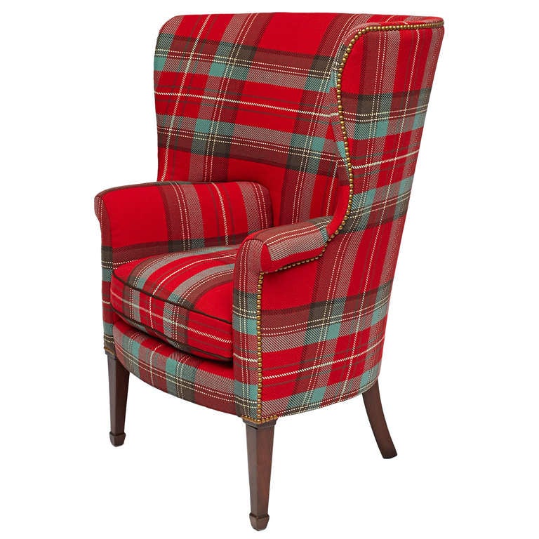 Early 20th C. George III Style Wing Chair. 

Upholstered in Custom Woven Tartan Wool Plaid.

Anthony Baratta Exclusive.