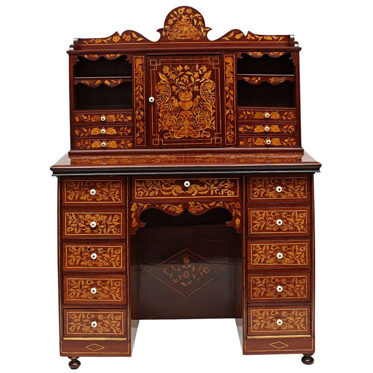 19th-century Dutch marquetry secretary. Mahogany with inlaid contrasting fruitwood, first half of the 19th century.