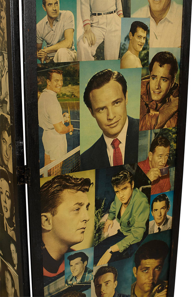 Decoupage folding screen featuring a collage of Classic Hollywood figures.