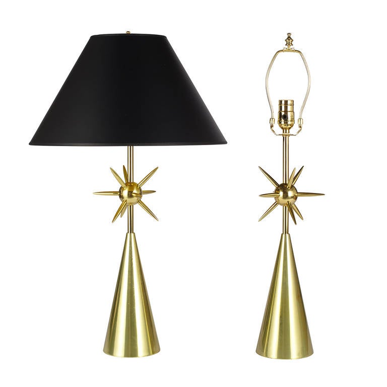 Pair of Brass Sputnik Table Lamps with Black Paper Shades by the Laurel Lamp Company

Completely Restored