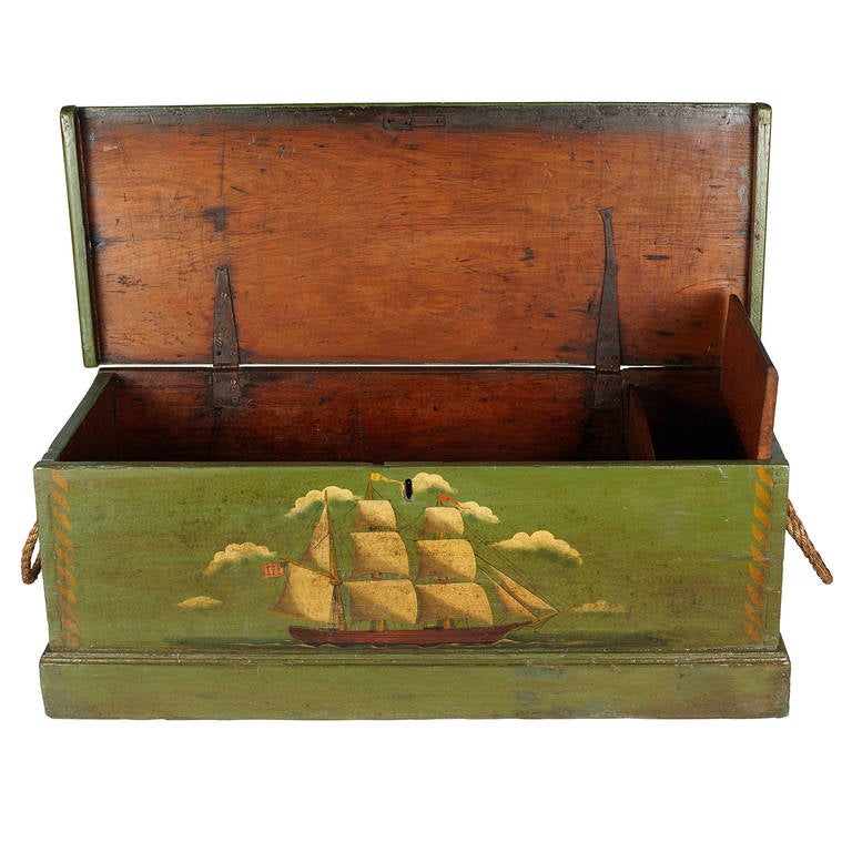 Decorated Pine Nautical Trunk with Becket Handles and Painted picture of an American Ship