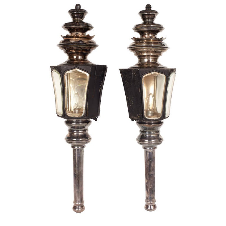 Pair of 19th century coach lamps newly electrified with mounting backplates.