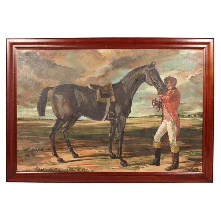 Set of two horse and jockey paintings in mahogany frames.